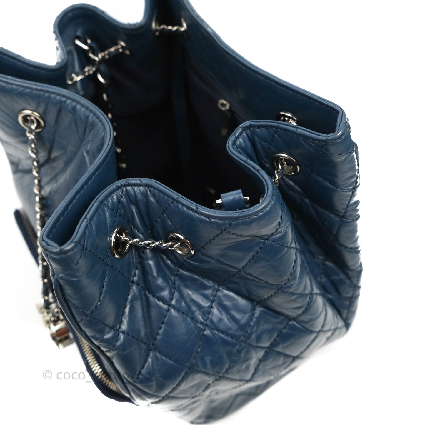 Chanel Drawstring Bucket Bag Dark Blue Aged Calfskin Silver Hardware
