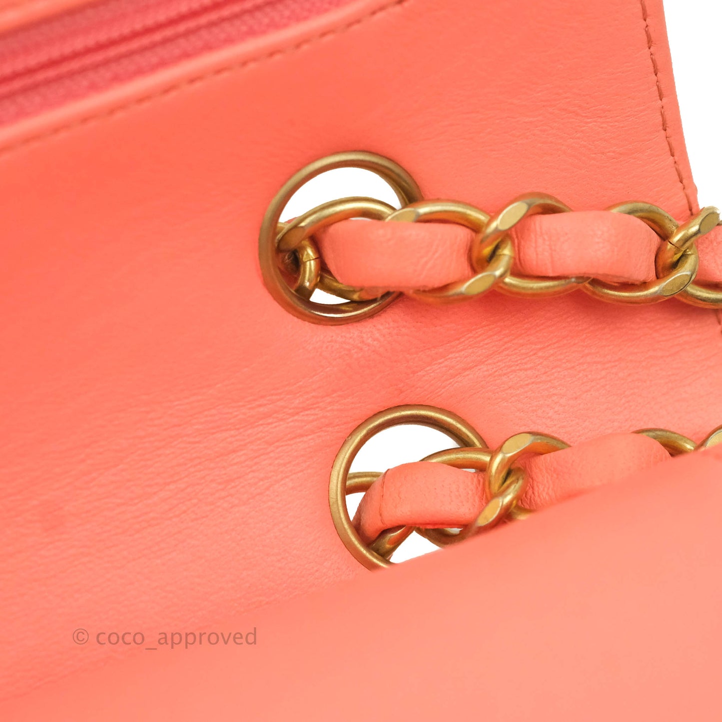 Chanel Classic M/L Medium Chevron Double Flap Coral Pink Lambskin Aged Gold Hardware