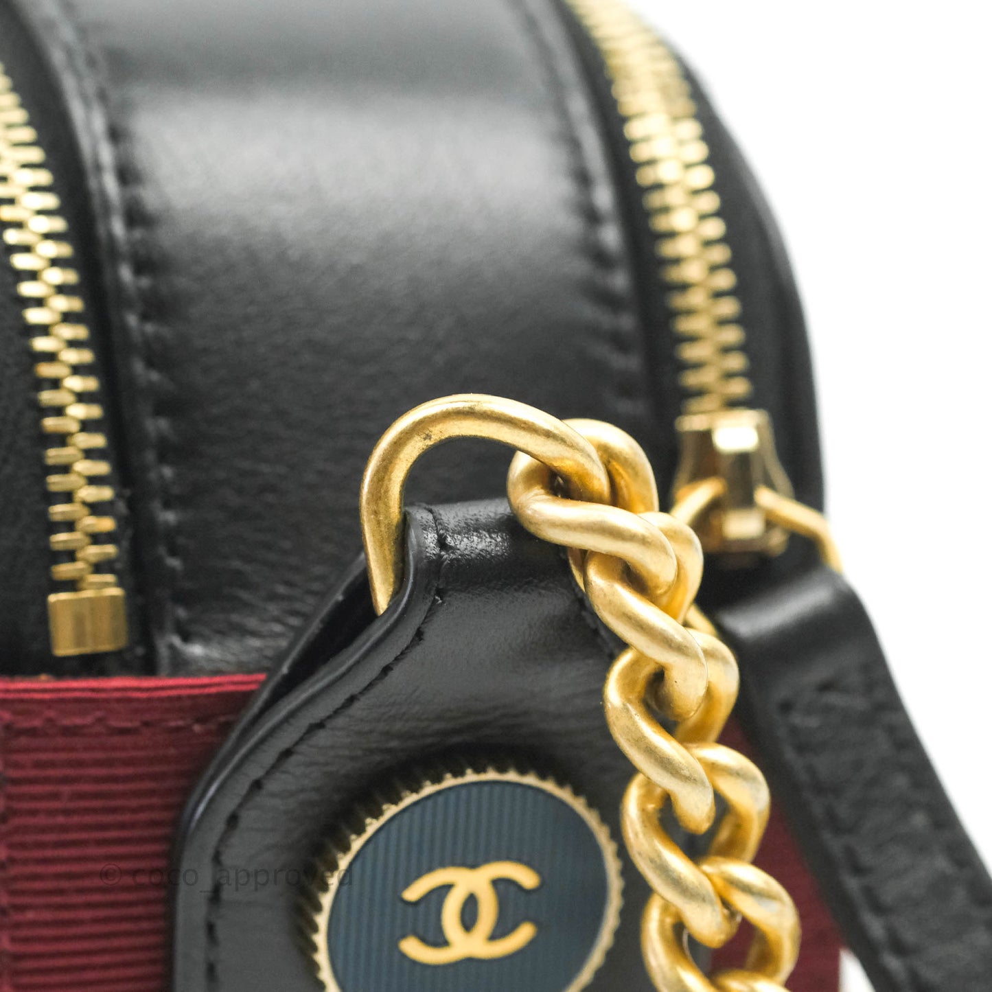 Chanel Small Button Up Camera Case Bag Black Calfskin Grosgrain Aged Gold Hardware