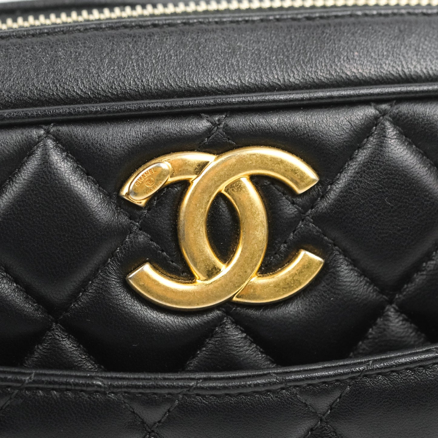 Chanel Quilted Camera Case Bag Black Lambskin Aged Gold Hardware