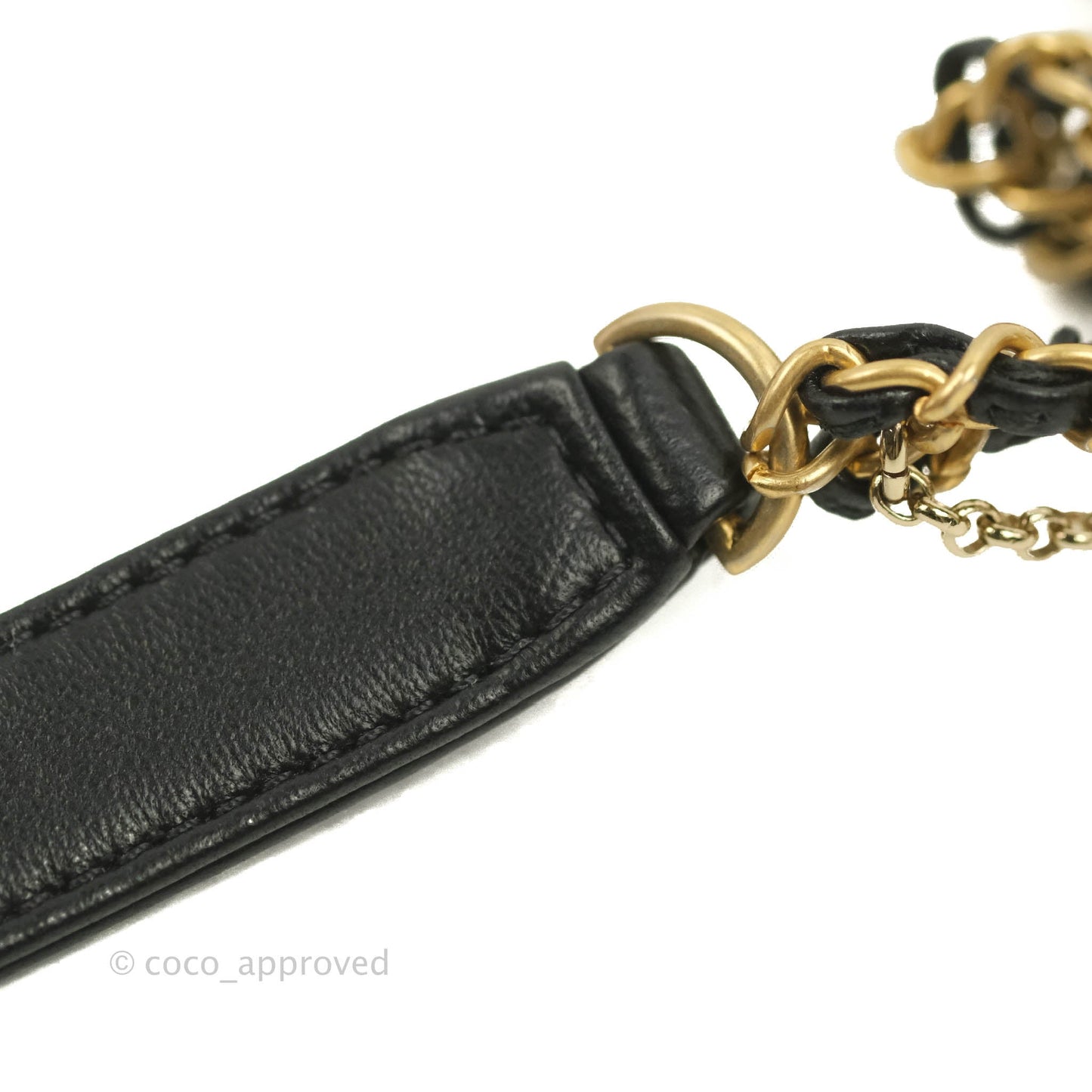 Chanel Mini Flap Bag With Pearl And Woven Chain CC Logo Black Lambskin Aged Gold Hardware 21B