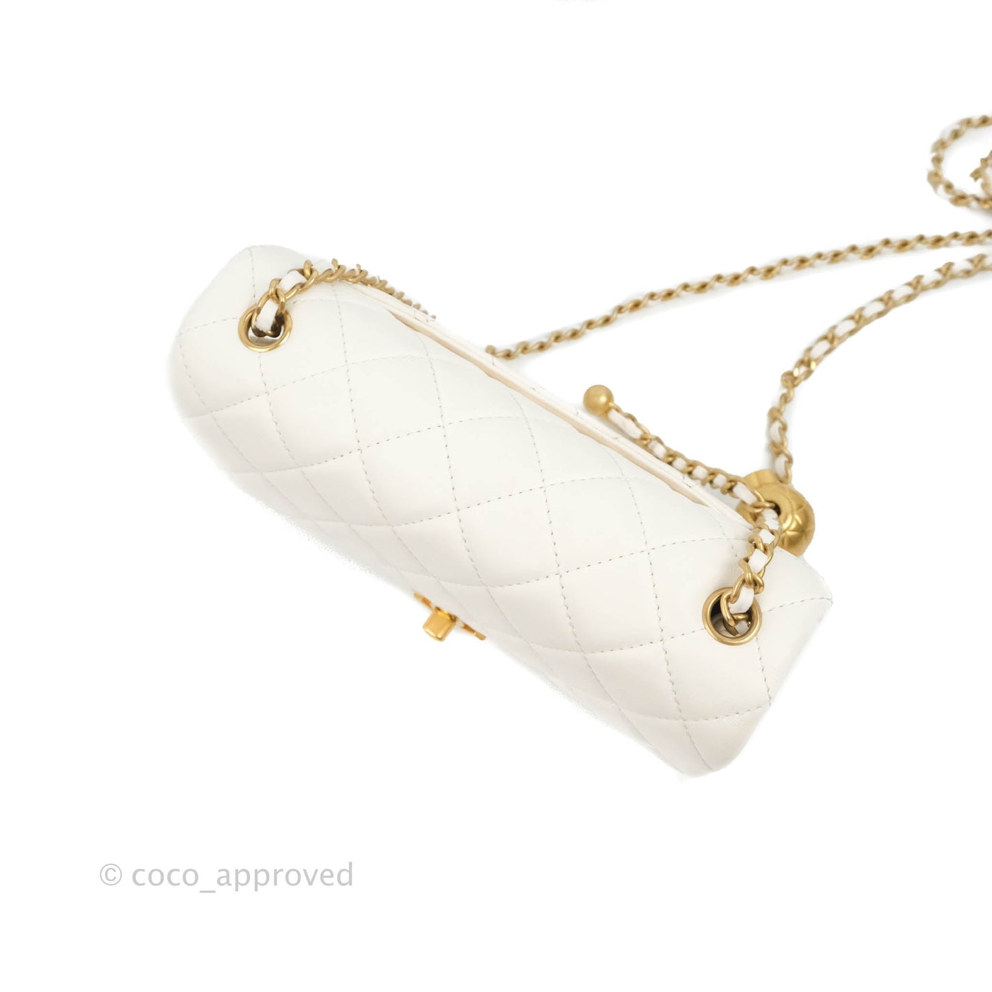 Chanel Mini Rectangular Pearl Crush Quilted White Lambskin Aged Gold Hardware