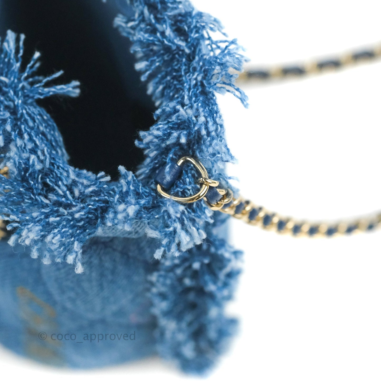 Chanel Mood Denim Mini Bucket Bag with Chain Blue Gold Hardware