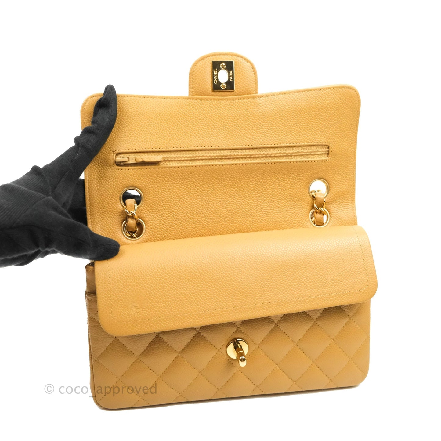 Chanel S/M Small Classic Quilted Flap Dark Beige Caviar 24K Gold Hardware