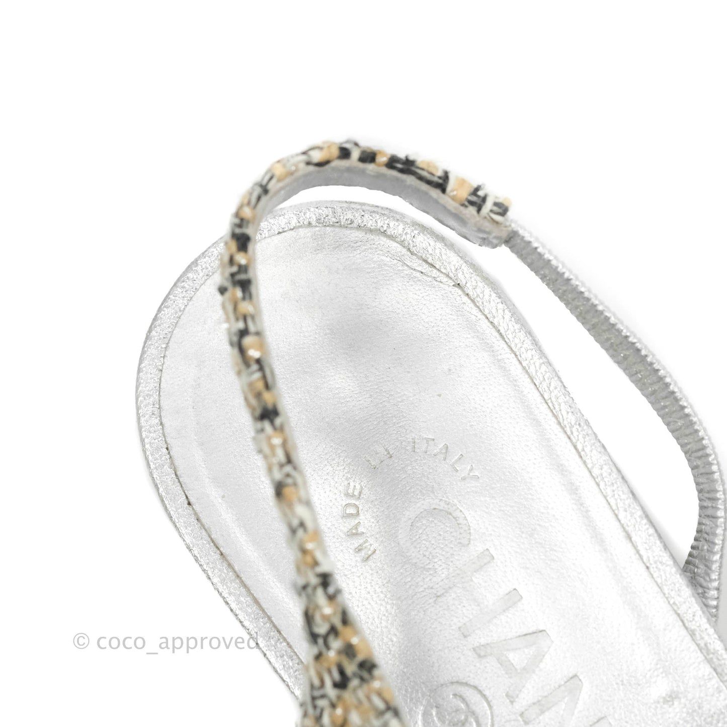 Chanel Classic Slingback Tweed and Silver Calfskin Size 36C