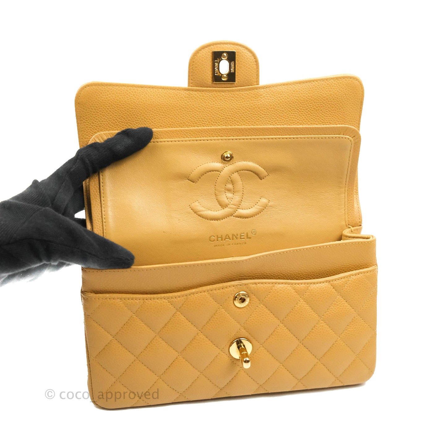 Chanel S/M Small Classic Quilted Flap Dark Beige Caviar 24K Gold Hardware