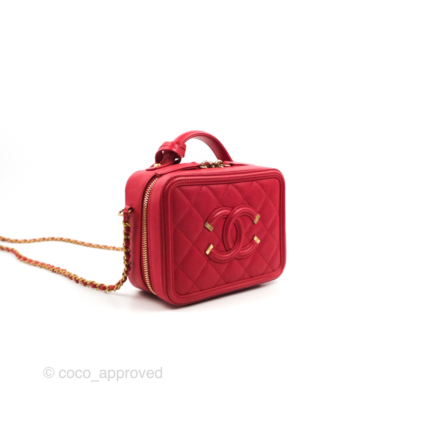 Chanel Quilted Small CC Filigree Vanity Case Red Caviar Gold Hardware