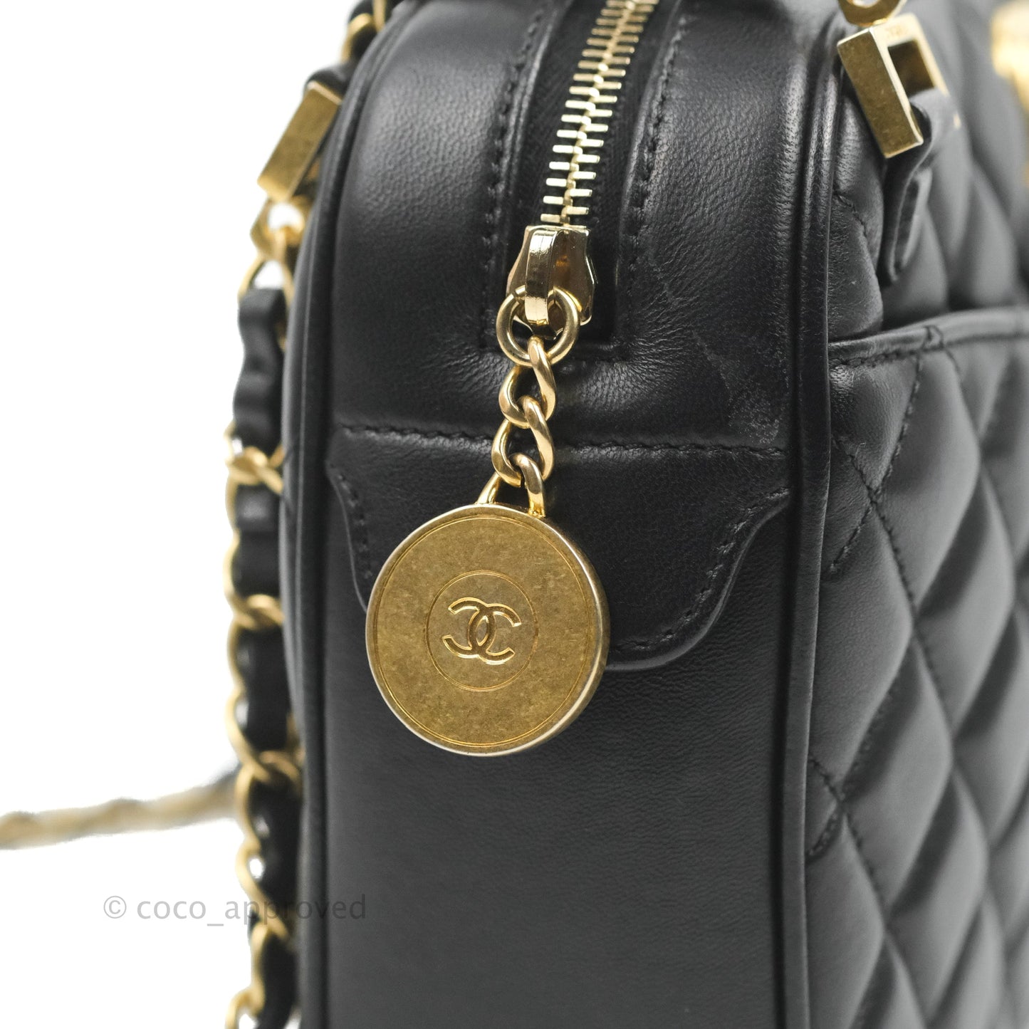 Chanel Quilted Camera Case Bag Black Lambskin Aged Gold Hardware