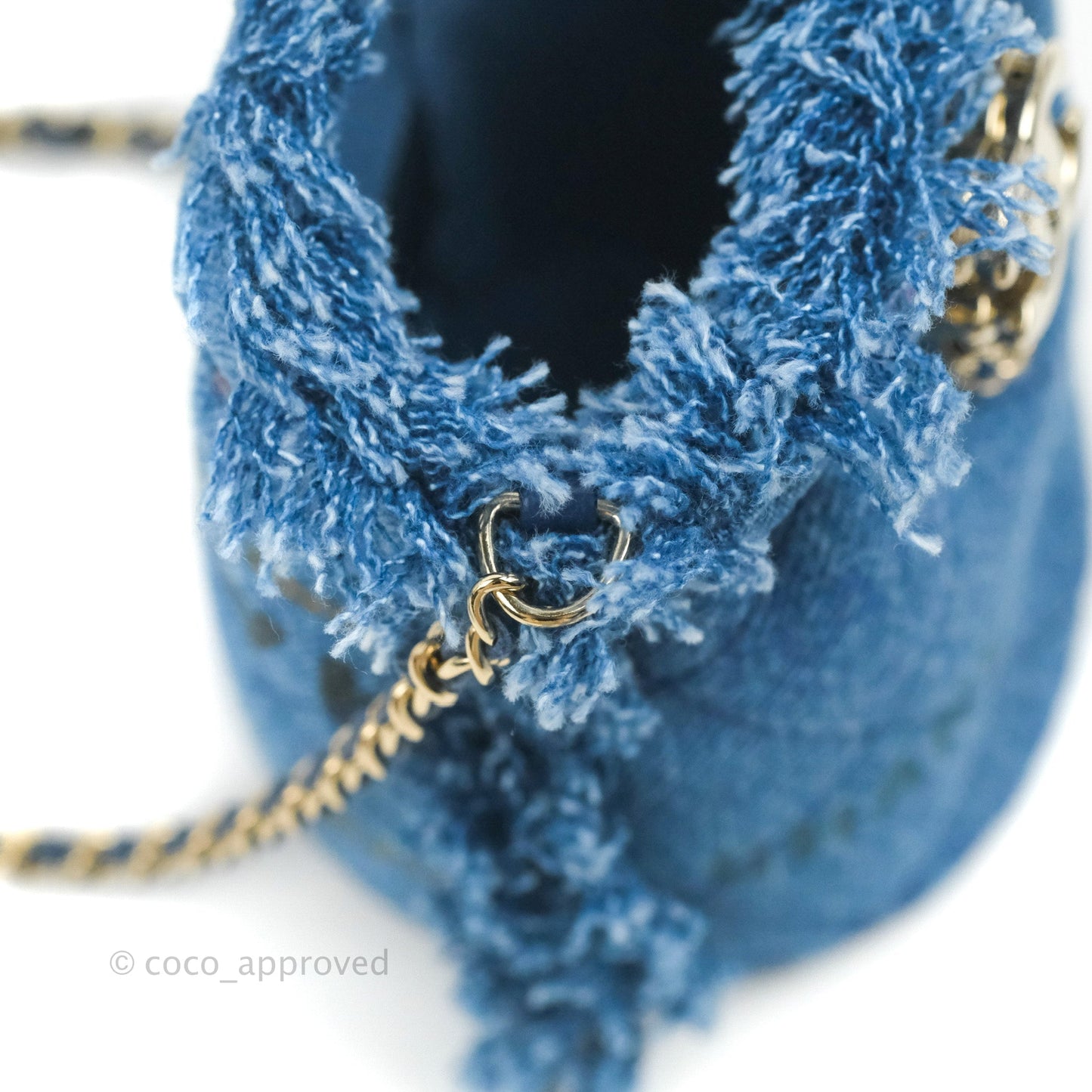 Chanel Mood Denim Mini Bucket Bag with Chain Blue Gold Hardware