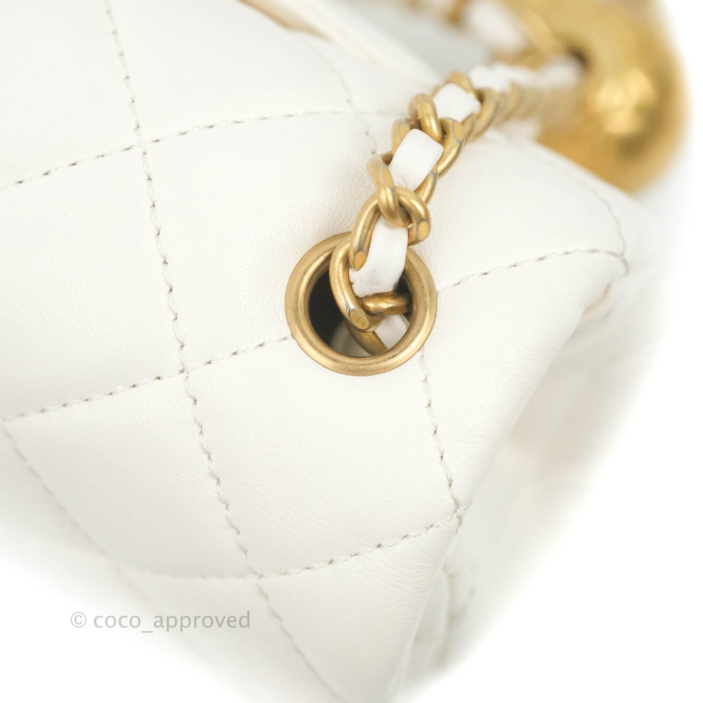Chanel Mini Rectangular Pearl Crush Quilted White Lambskin Aged Gold Hardware