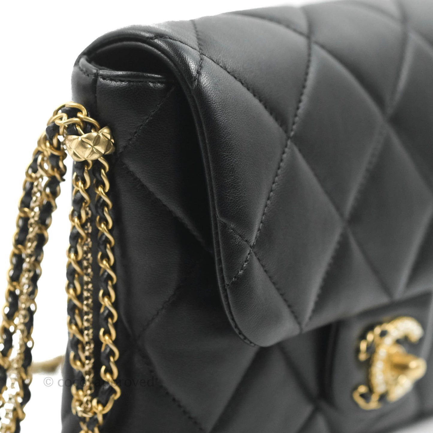 Chanel Mini Flap Bag With Pearl And Woven Chain CC Logo Black Lambskin Aged Gold Hardware 21B
