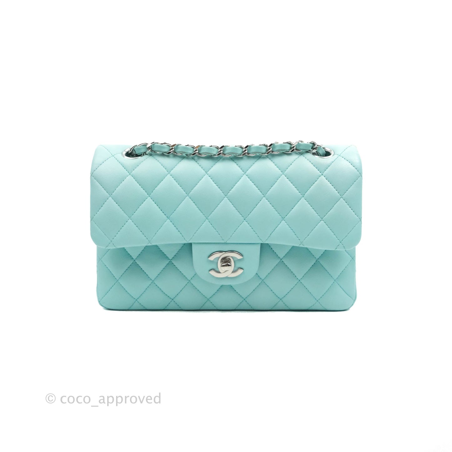 Chanel Small Classic Quilted Flap Tiffany Blue Lambskin Silver Hardware