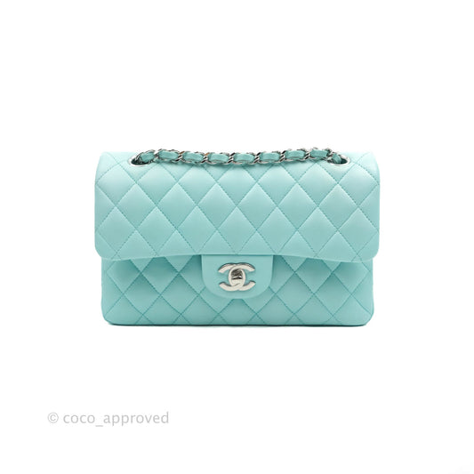 Chanel Small Classic Quilted Flap Tiffany Blue Lambskin Silver Hardware