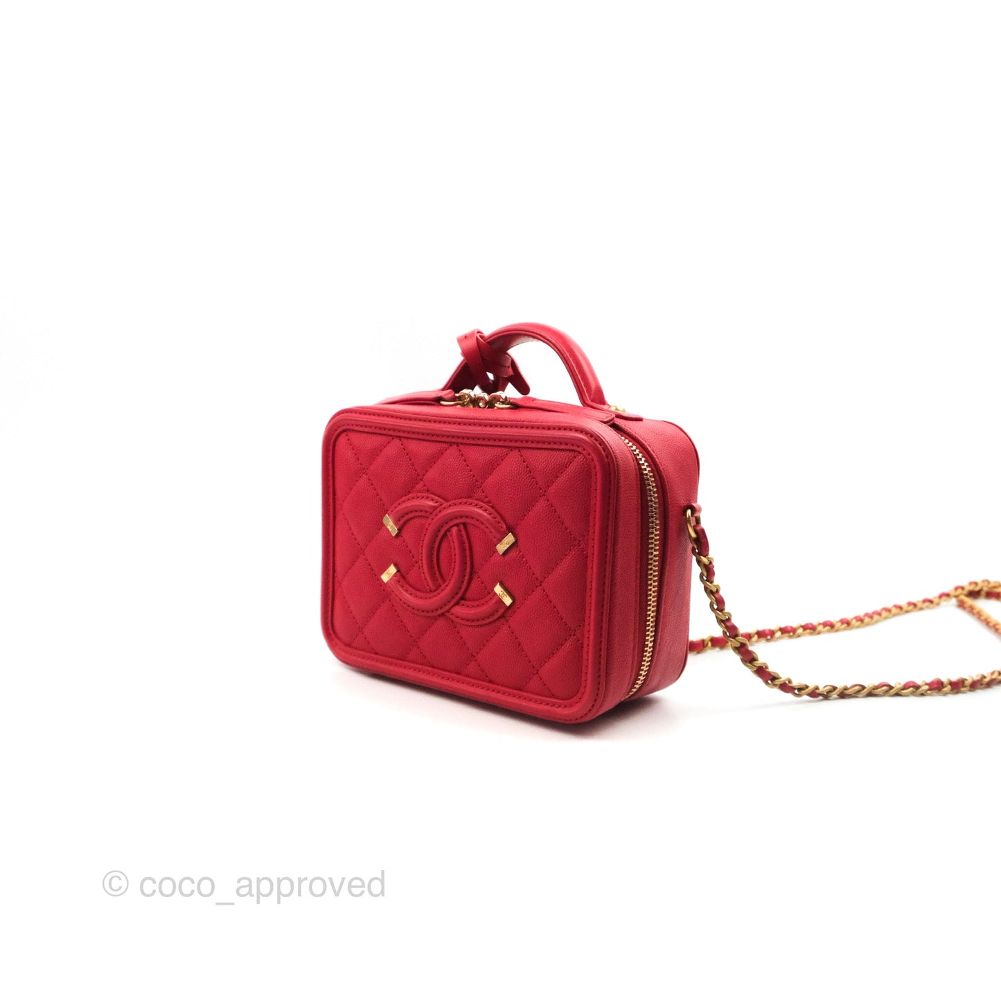 Chanel Quilted Small CC Filigree Vanity Case Red Caviar Gold Hardware