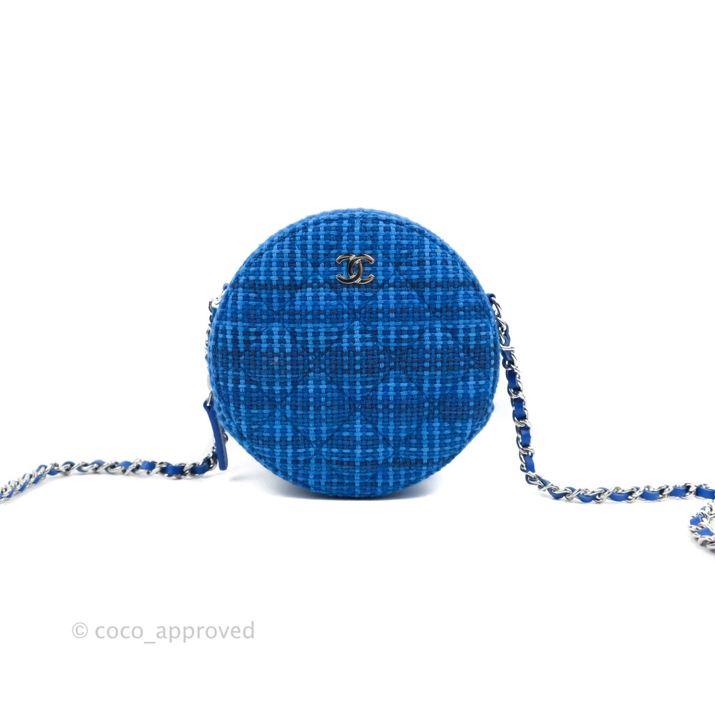 Chanel Quilted Round Clutch With Chain Blue Tweed Silver Hardware