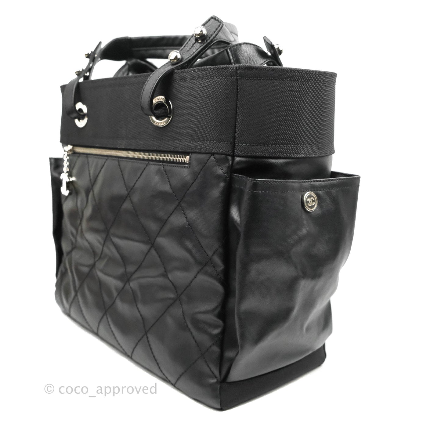 Chanel Quilted Large Paris Biarritz Tote Black Coated Canvas