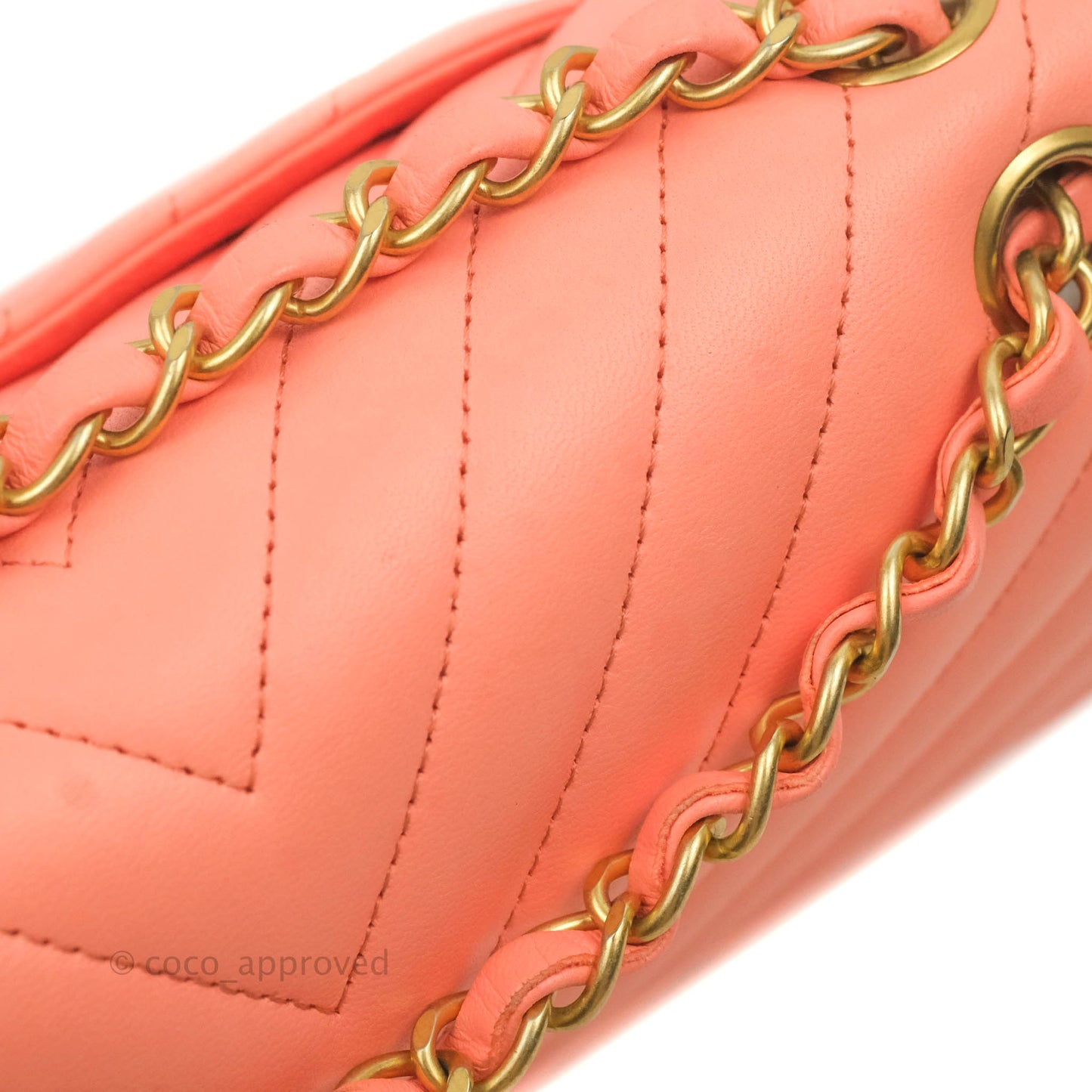 Chanel Classic M/L Medium Chevron Double Flap Coral Pink Lambskin Aged Gold Hardware