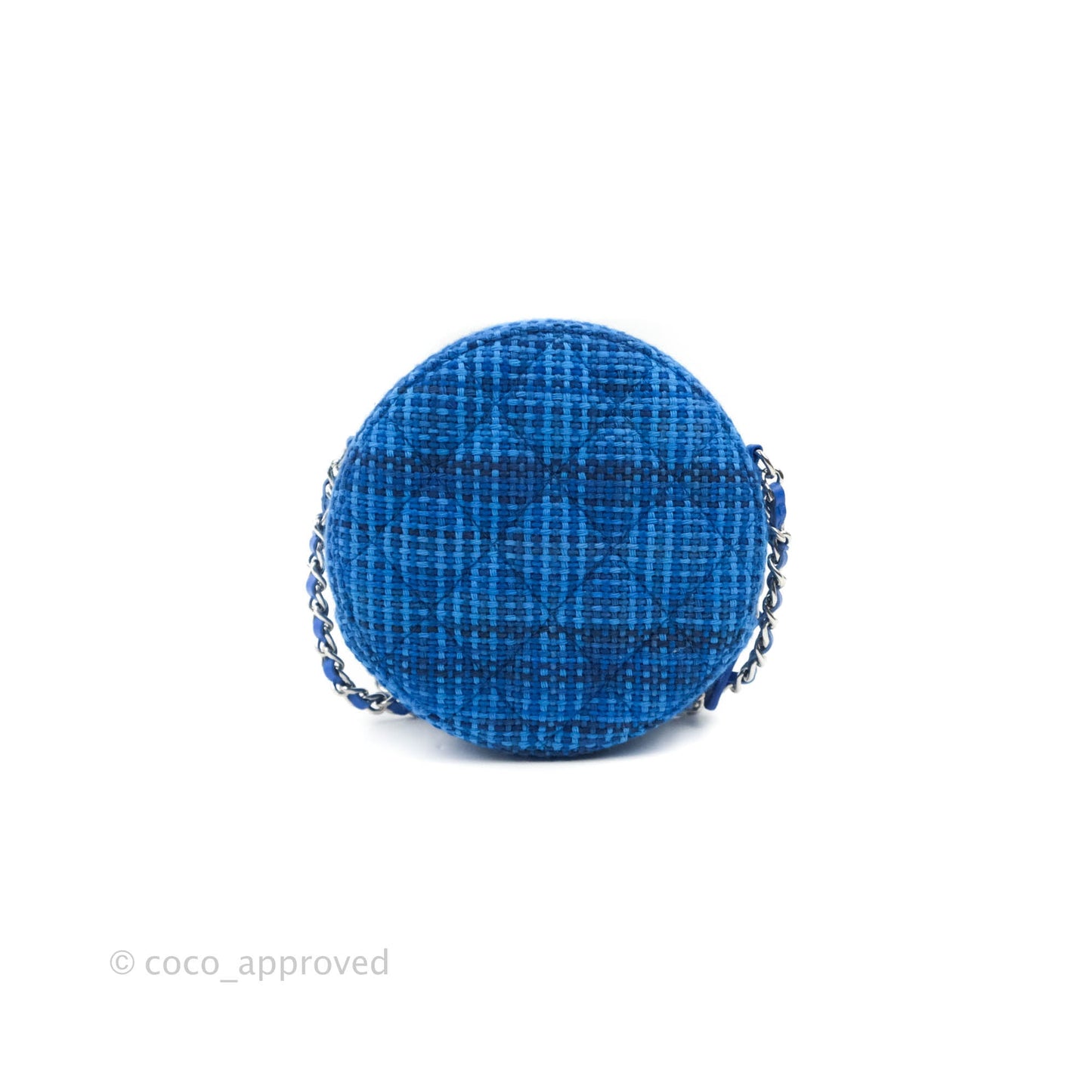 Chanel Quilted Round Clutch With Chain Blue Tweed Silver Hardware
