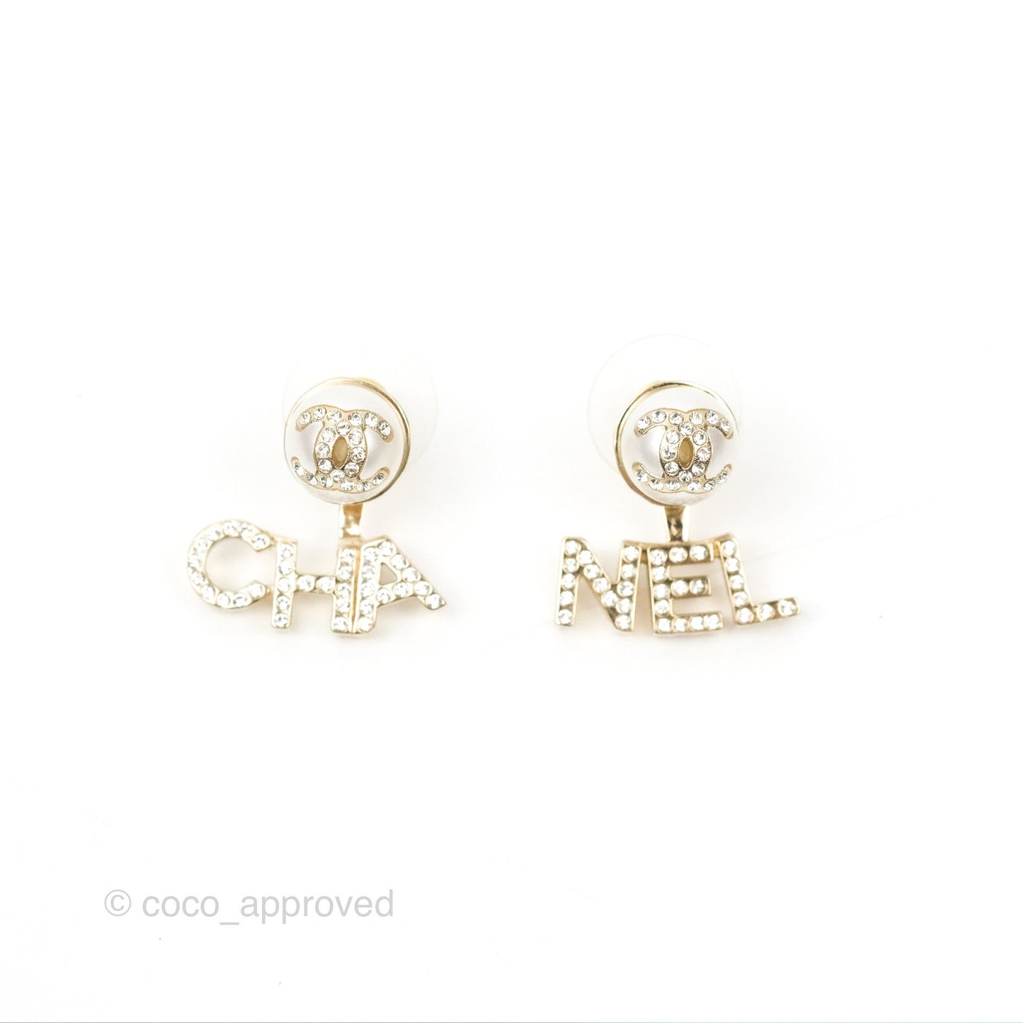 Chanel CC Pearl Rhinestone Earrings Gold Tone 21A