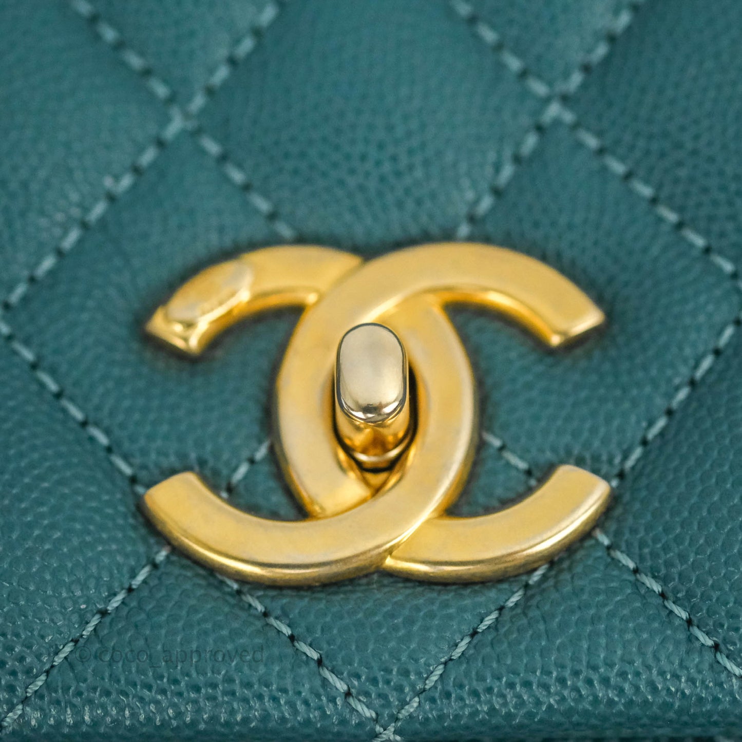 Chanel Medium Coco Handle Quilted Teal Caviar Lizard Handle Aged Gold Hardware