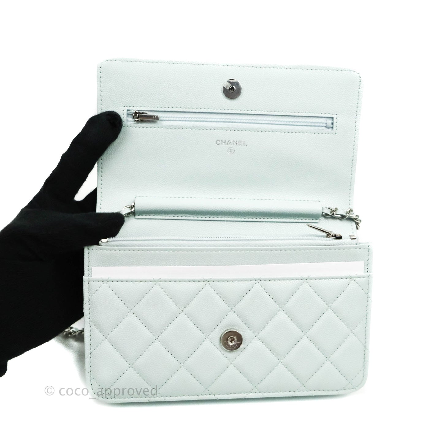 Chanel Quilted Classic Wallet on Chain WOC Light Blue Caviar Silver Hardware