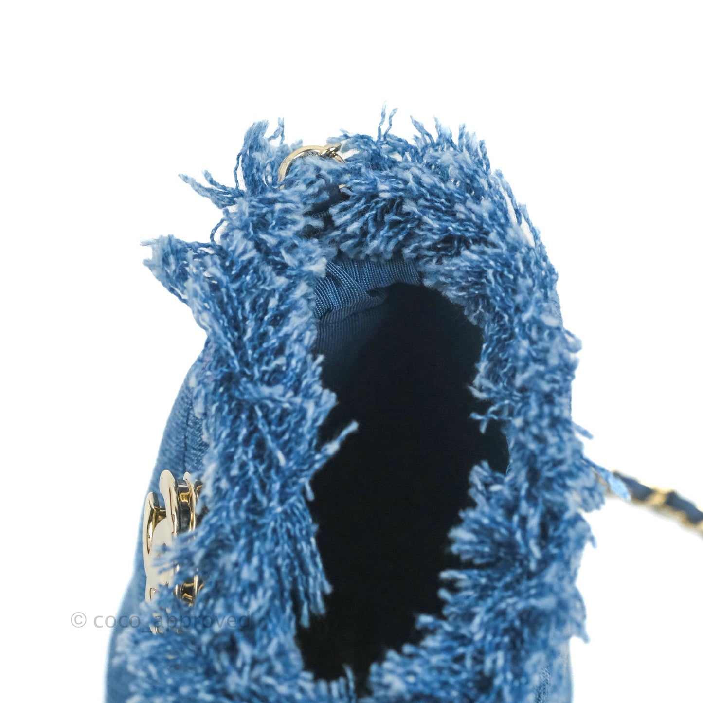 Chanel Mood Denim Mini Bucket Bag with Chain Blue Gold Hardware