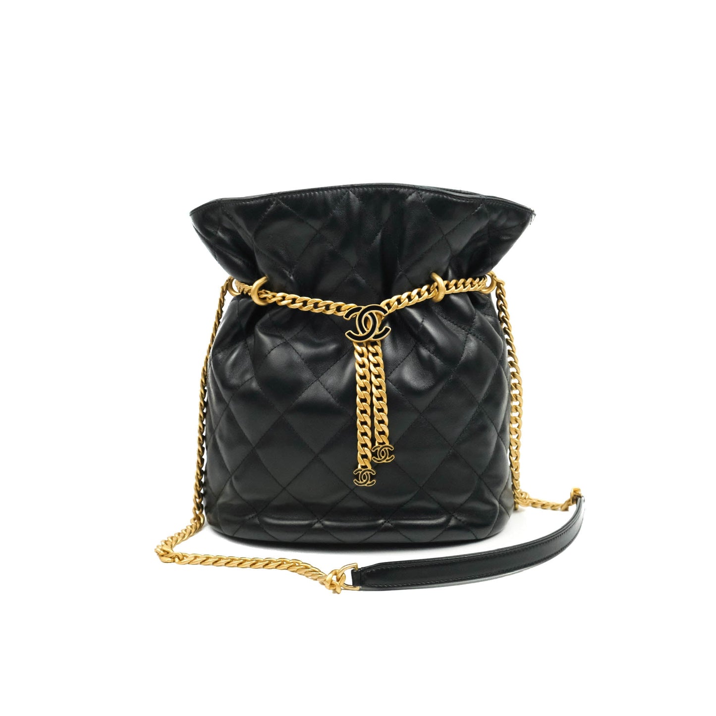 Chanel Enamel CC Bucket Bag Black Lambskin Gold Hardware 22S
