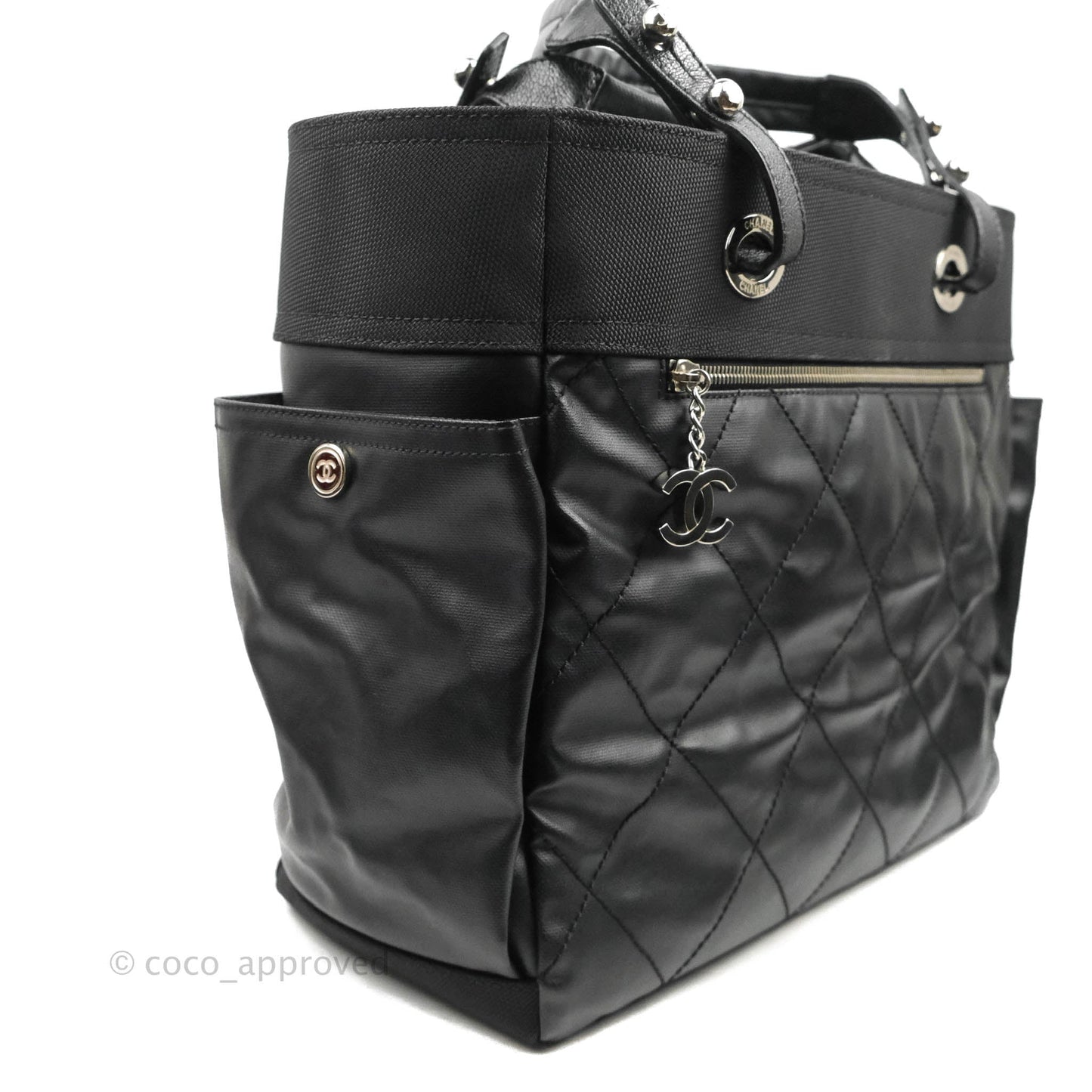Chanel Quilted Large Paris Biarritz Tote Black Coated Canvas