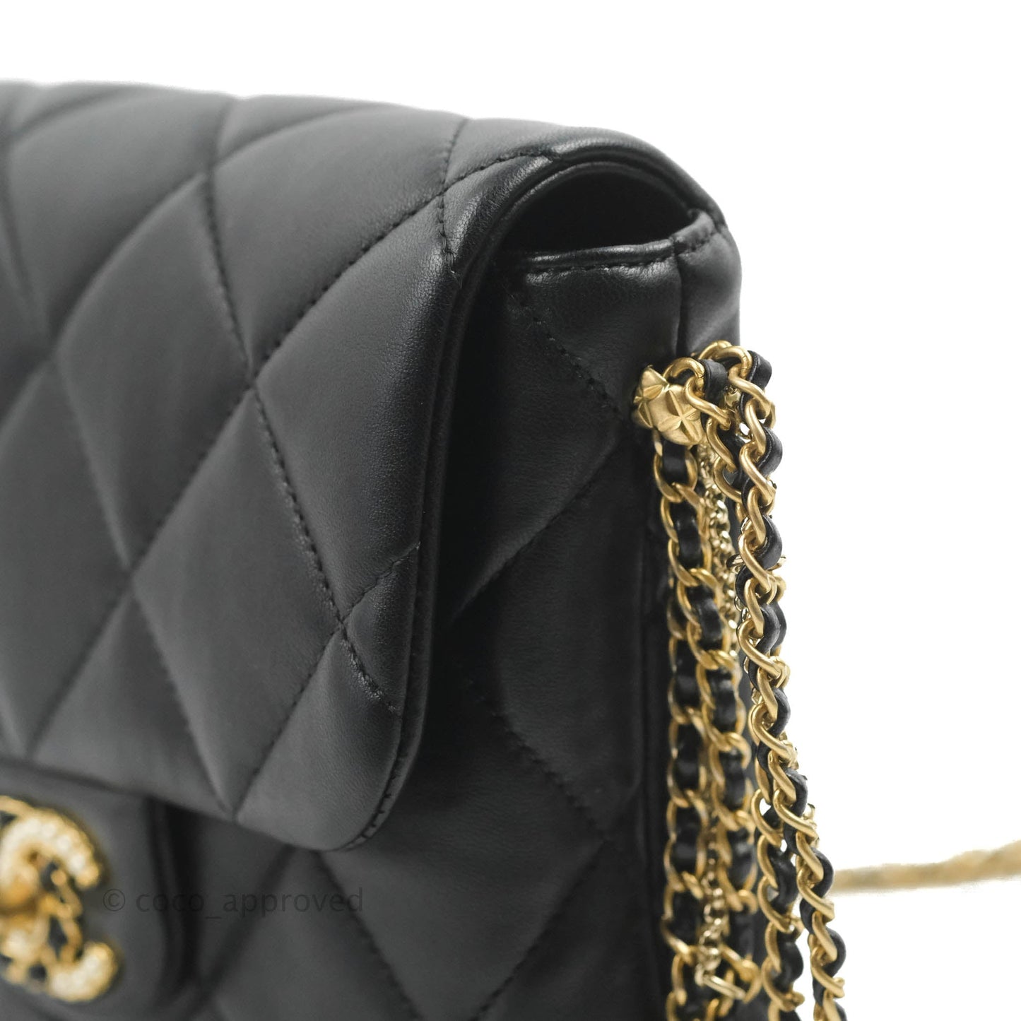 Chanel Mini Flap Bag With Pearl And Woven Chain CC Logo Black Lambskin Aged Gold Hardware 21B