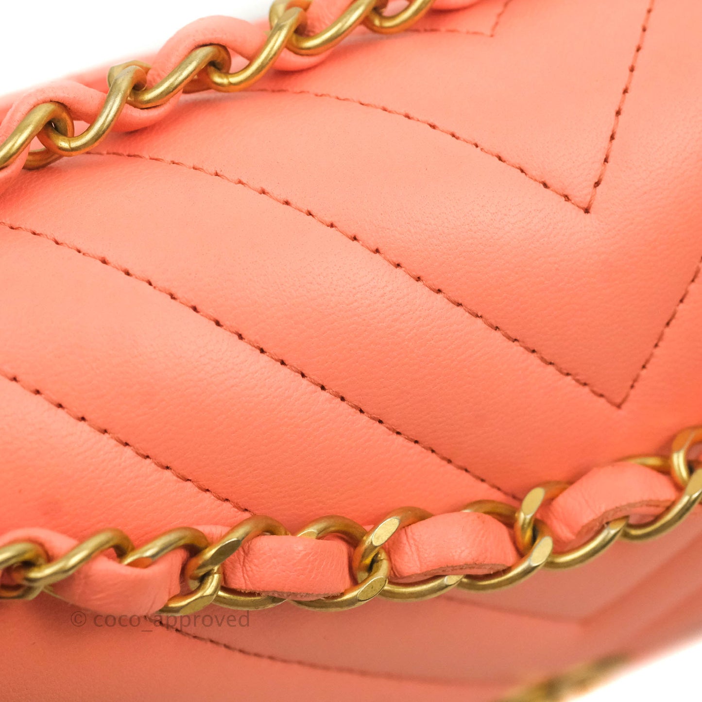 Chanel Classic M/L Medium Chevron Double Flap Coral Pink Lambskin Aged Gold Hardware