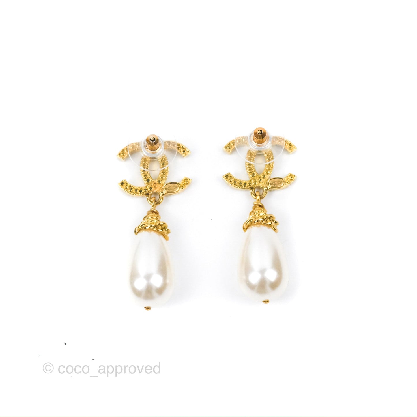 Chanel Crystal CC Drop Tear Pearl Earrings Gold Tone 20K