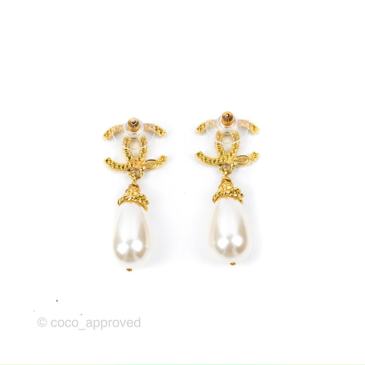 Chanel Crystal CC Drop Tear Pearl Earrings Gold Tone 20K