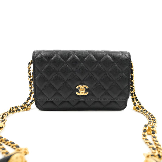 Chanel Quilted Gold CC Coin Wallet on Chain WOC Black Caviar Gold Hardware