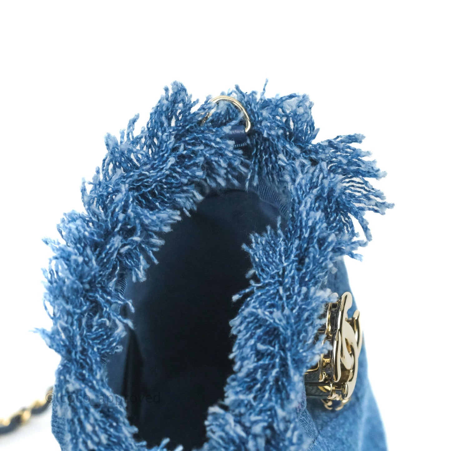 Chanel Mood Denim Mini Bucket Bag with Chain Blue Gold Hardware