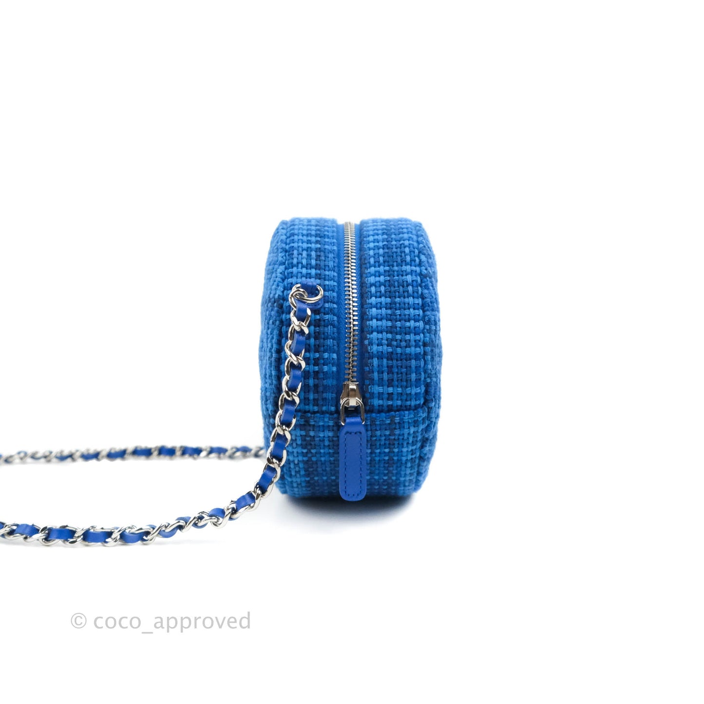 Chanel Quilted Round Clutch With Chain Blue Tweed Silver Hardware