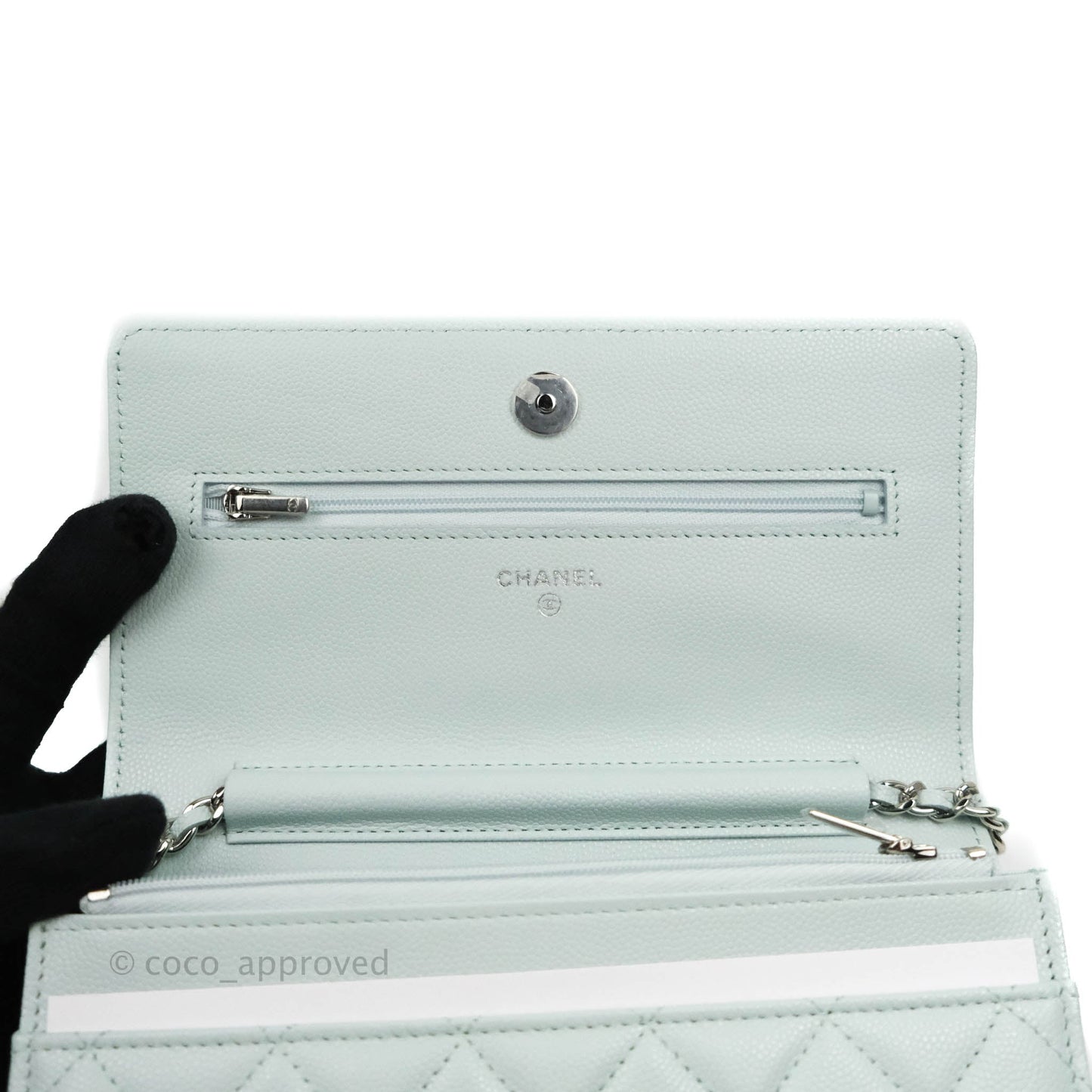 Chanel Quilted Classic Wallet on Chain WOC Light Blue Caviar Silver Hardware