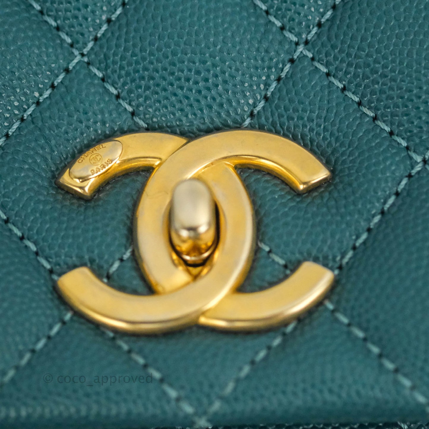 Chanel Medium Coco Handle Quilted Teal Caviar Lizard Handle Aged Gold Hardware