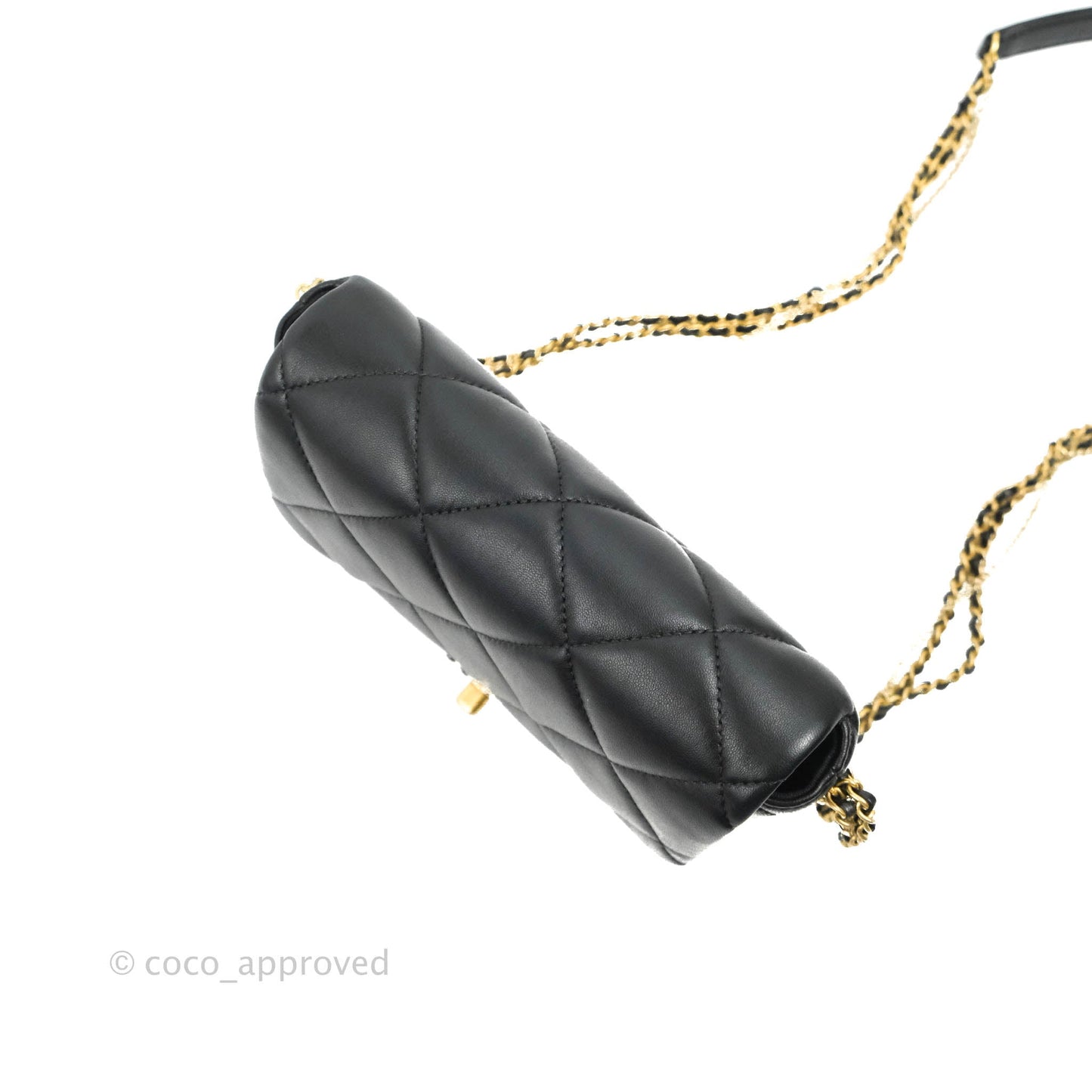 Chanel Mini Flap Bag With Pearl And Woven Chain CC Logo Black Lambskin Aged Gold Hardware 21B
