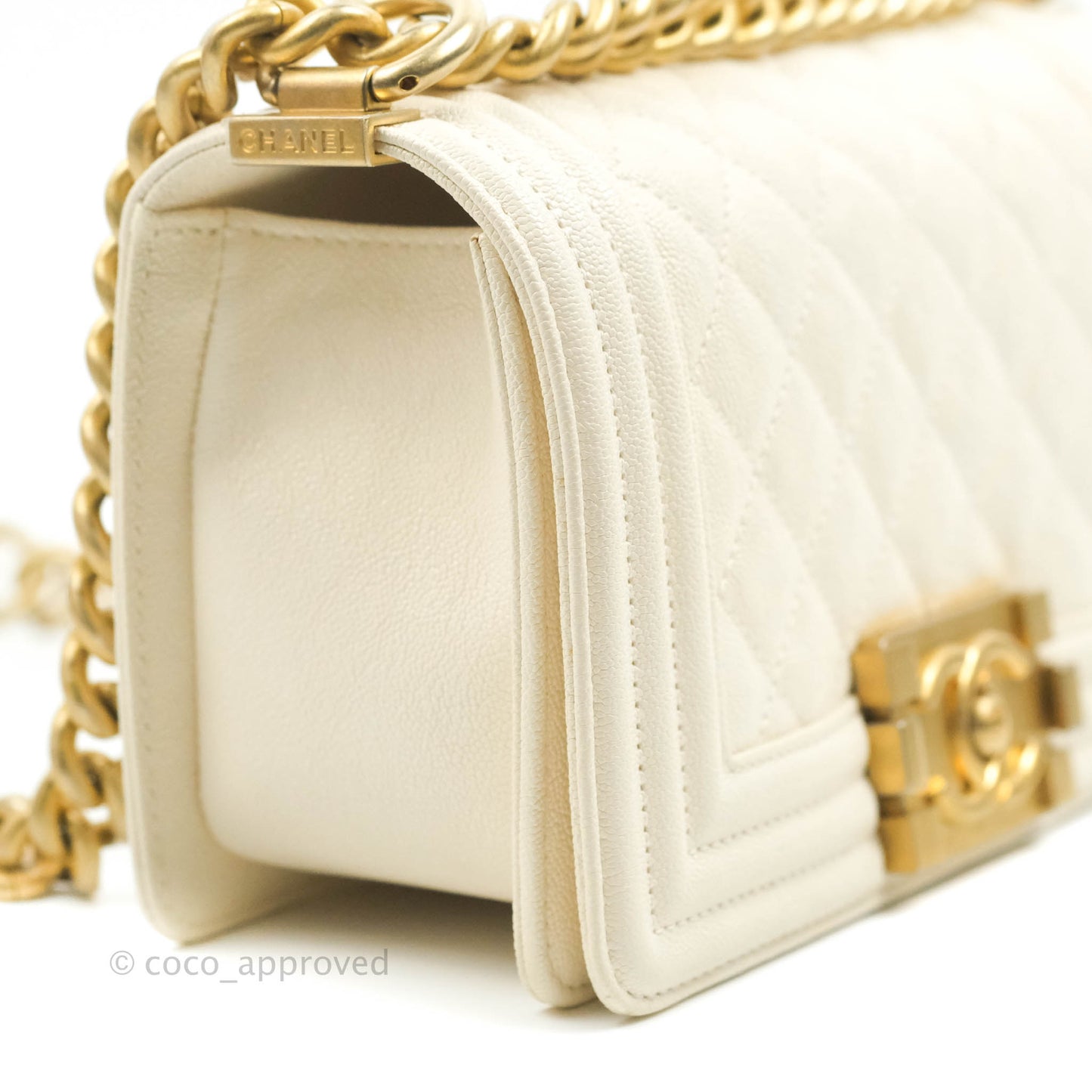 Chanel Boy Small Quilted White Caviar Aged Gold Hardware