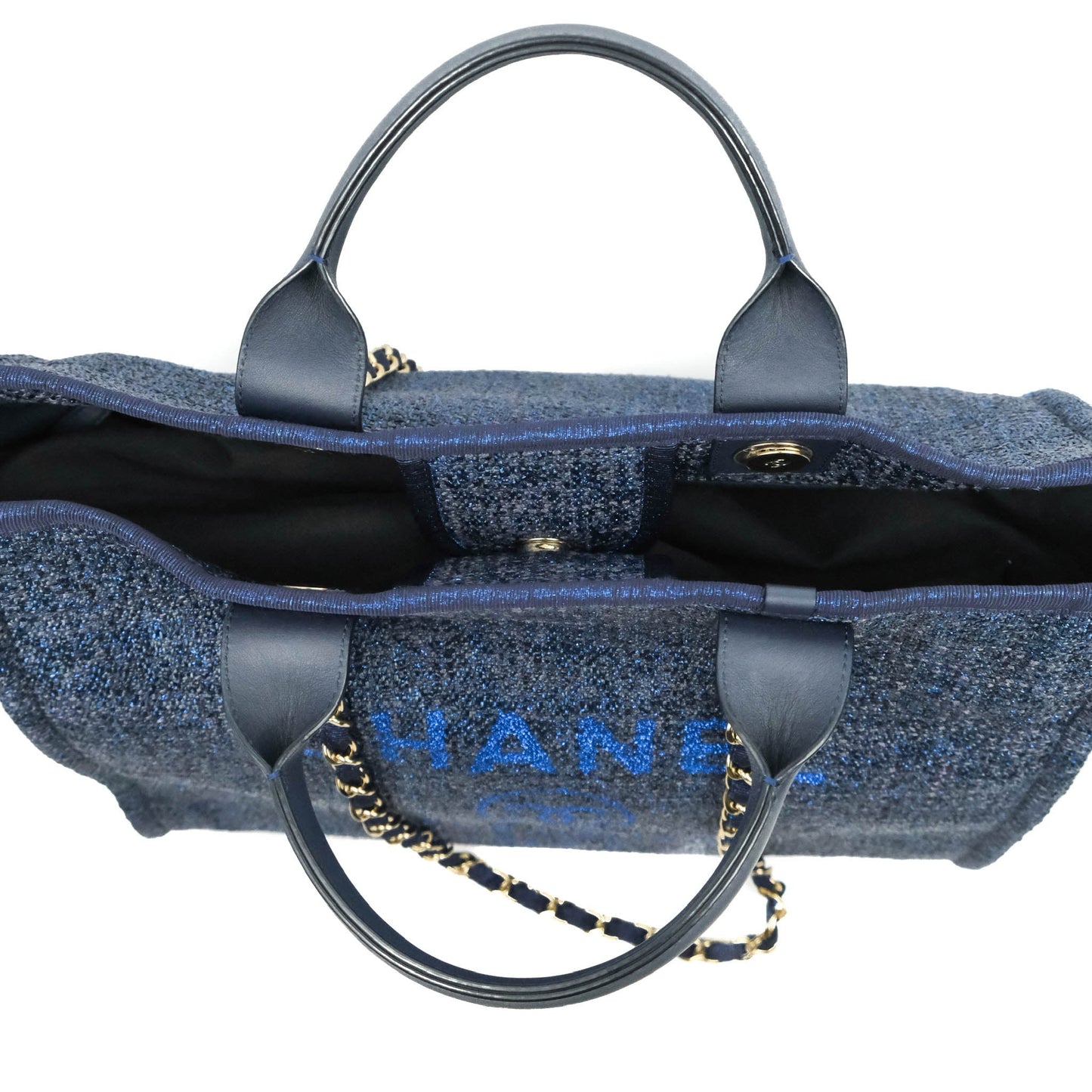Chanel Large Deauville Navy Blue Glitter Canvas Gold Hardware