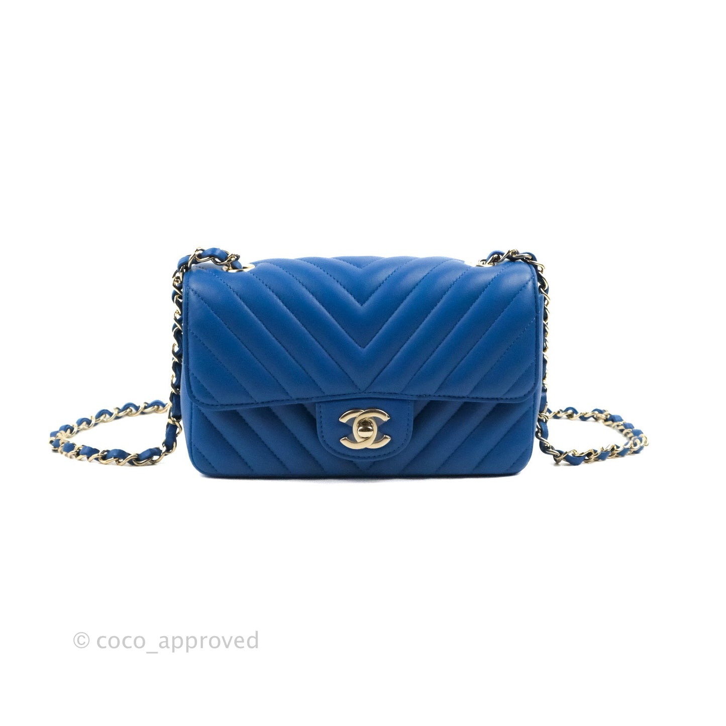 Chanel Chevron Mini Rectangular Flap Blue Lambskin Light Gold Hardware