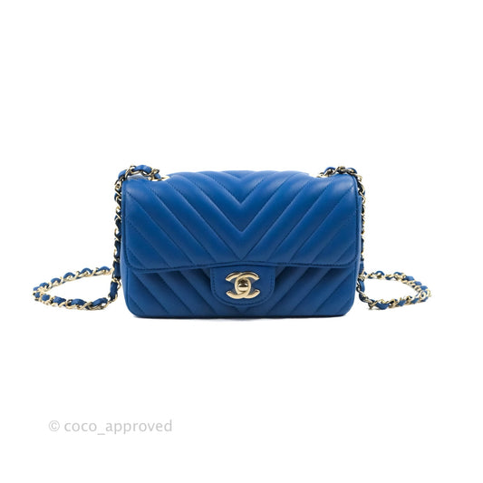 Chanel Chevron Mini Rectangular Flap Blue Lambskin Light Gold Hardware