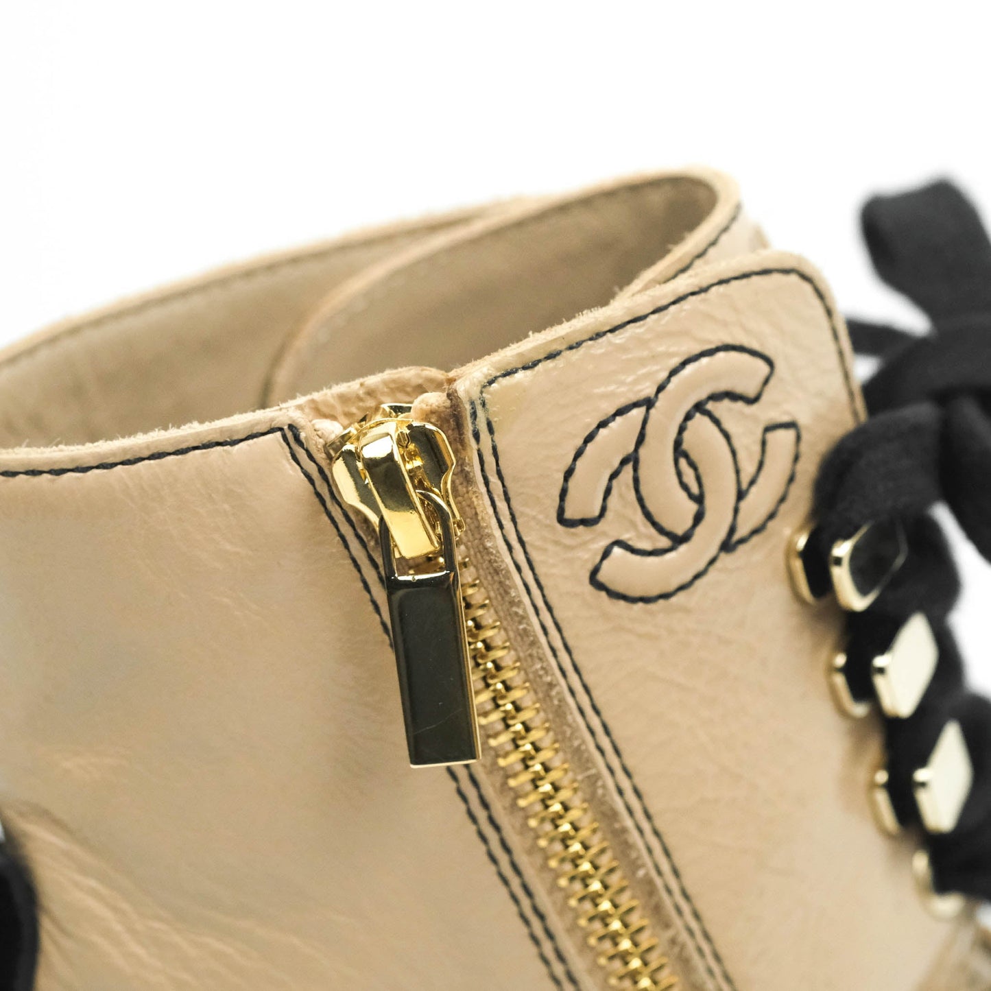 Chanel Beige Black Calfskin CC Lace Up Short Boots 37.5