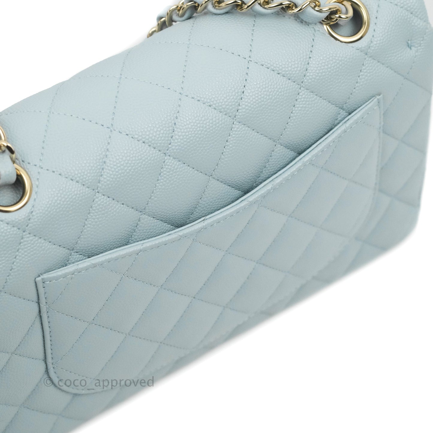 Chanel Small Classic Quilted Flap Light Blue Caviar Gold Hardware
