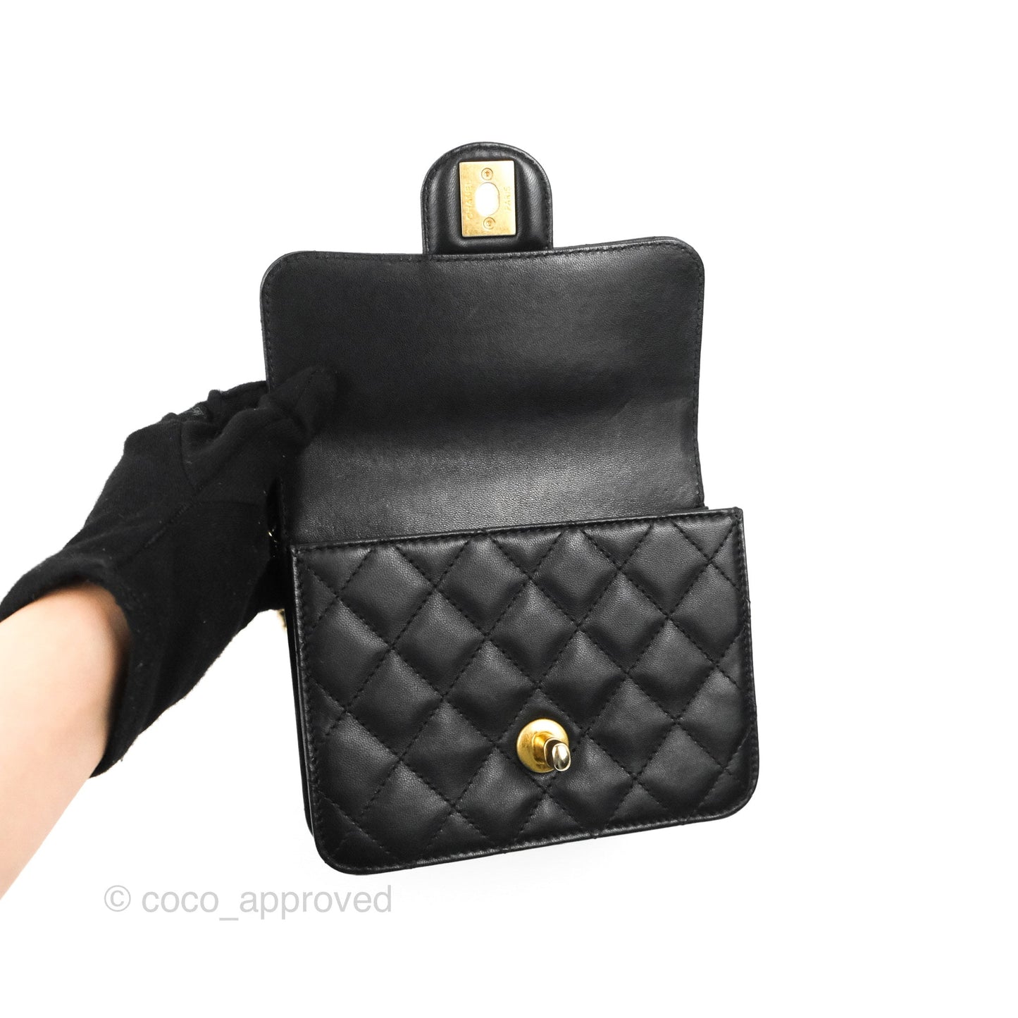 Chanel Mini Flap on Chain Black Calfskin Aged Gold Hardware