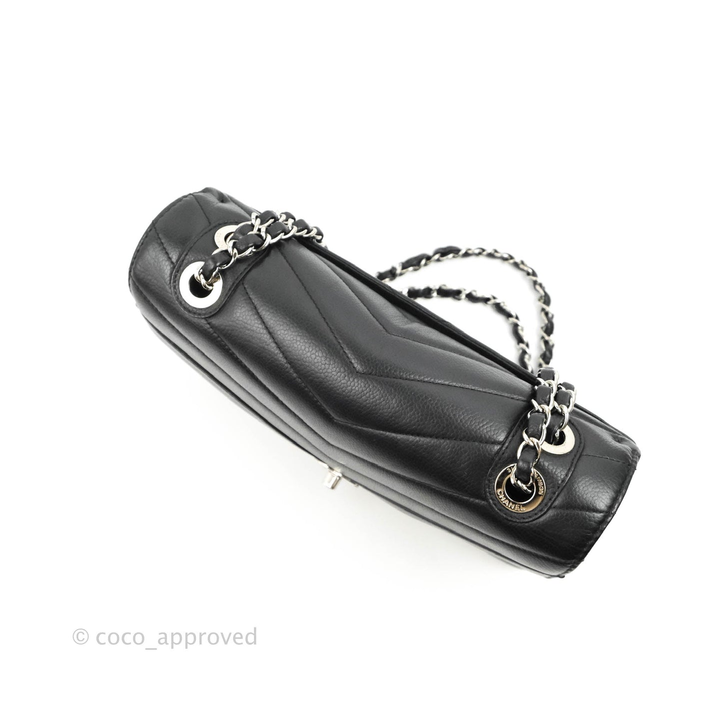 Chanel Medium Chevron Quilted Flap Black Grained Calfskin Silver Hardware