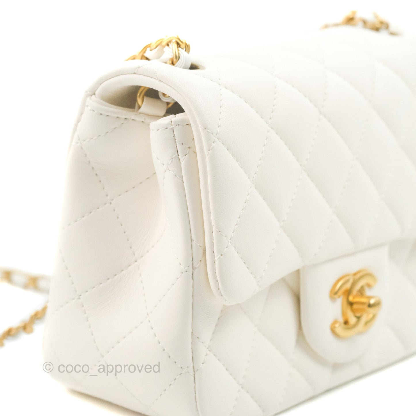 Chanel Mini Square Pearl Crush Quilted White Lambskin Aged Gold Hardware