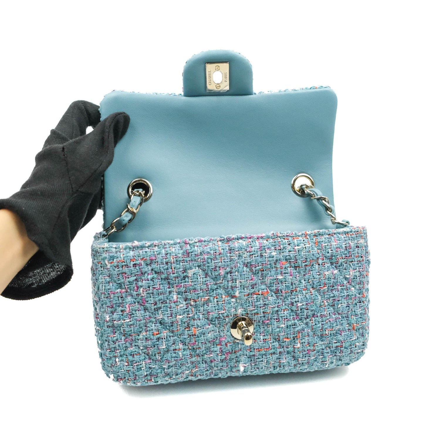 Chanel Quilted Mini Rectangular Flap Blue Tweed Gold Hardware