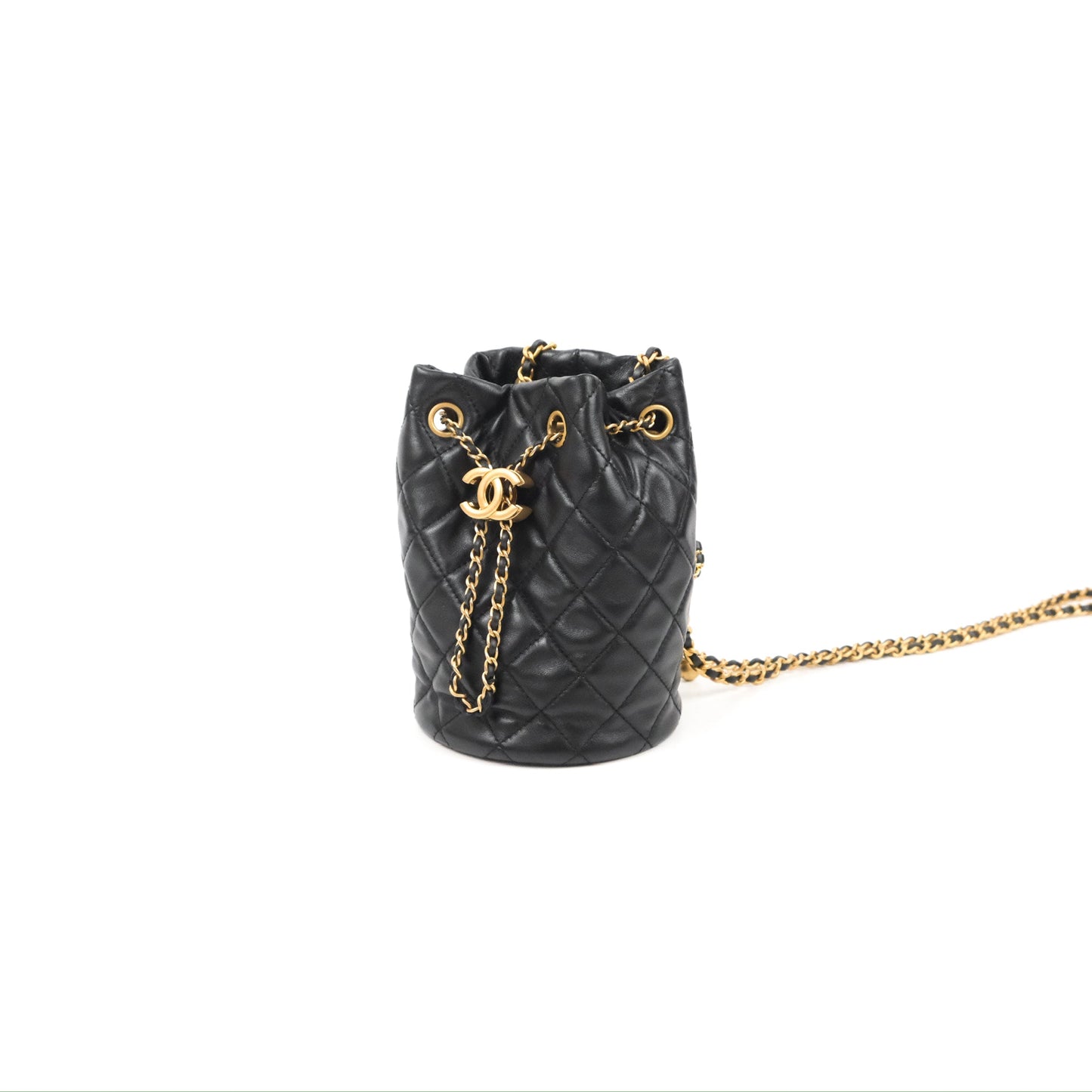 Chanel Pearl Crush Bucket Bag Black Lambskin Aged Gold Hardware 22S