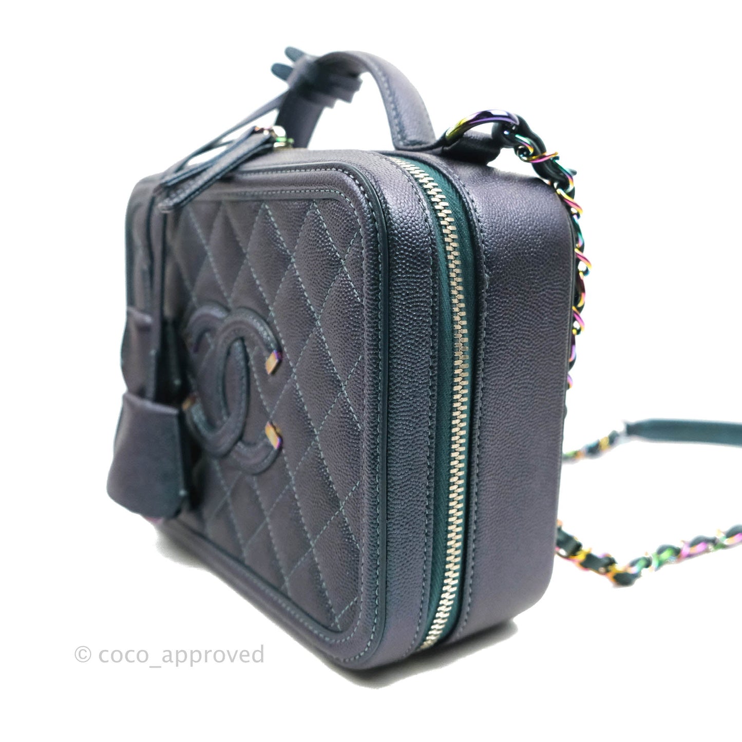 Chanel Quilted Medium CC Filigree Vanity Case Iridescent Dark Turquoise Caviar Rainbow Hardware